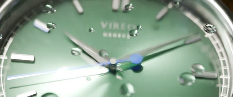 Raindrops on the crystal, rendered as a macro.
