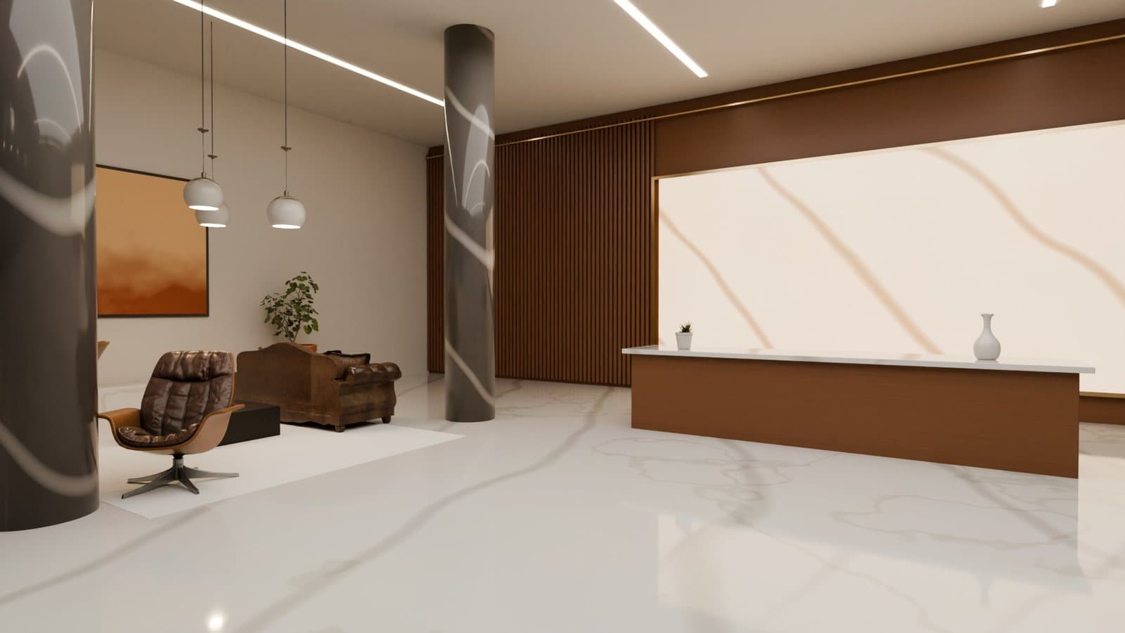 The double-height lobby, lit by the sun through the glass.