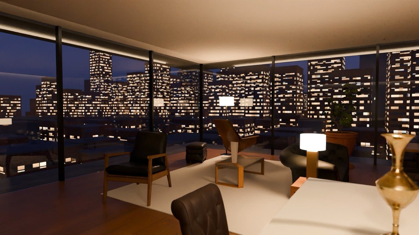 Residence 9C at blue hour, the city lighting up behind the glass.
