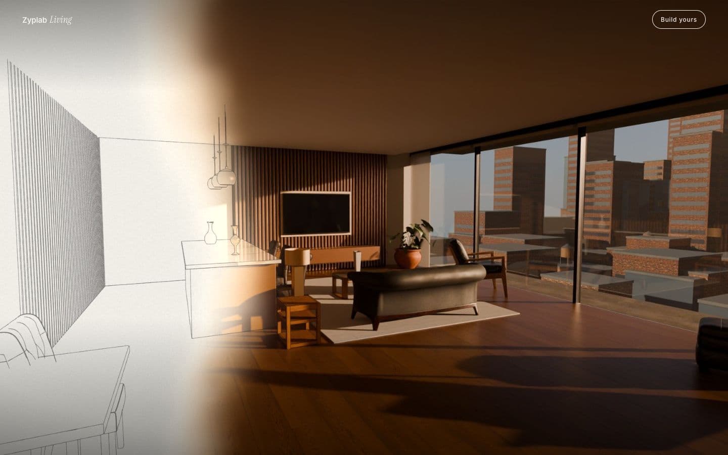 Mid-scroll on the live site: sketch on the left, render on the right.