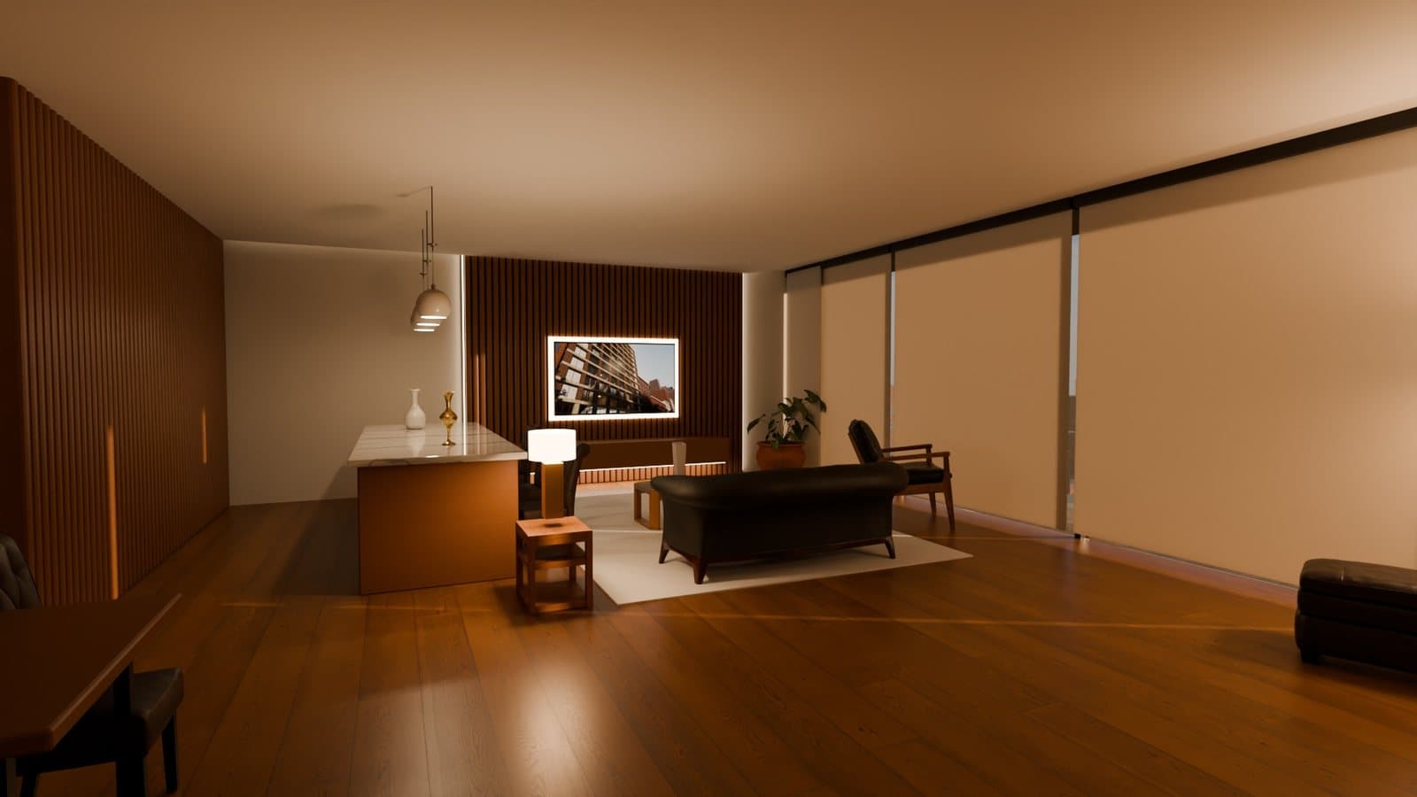 Blinds closed at 6 pm: the room lit by its own fittings.