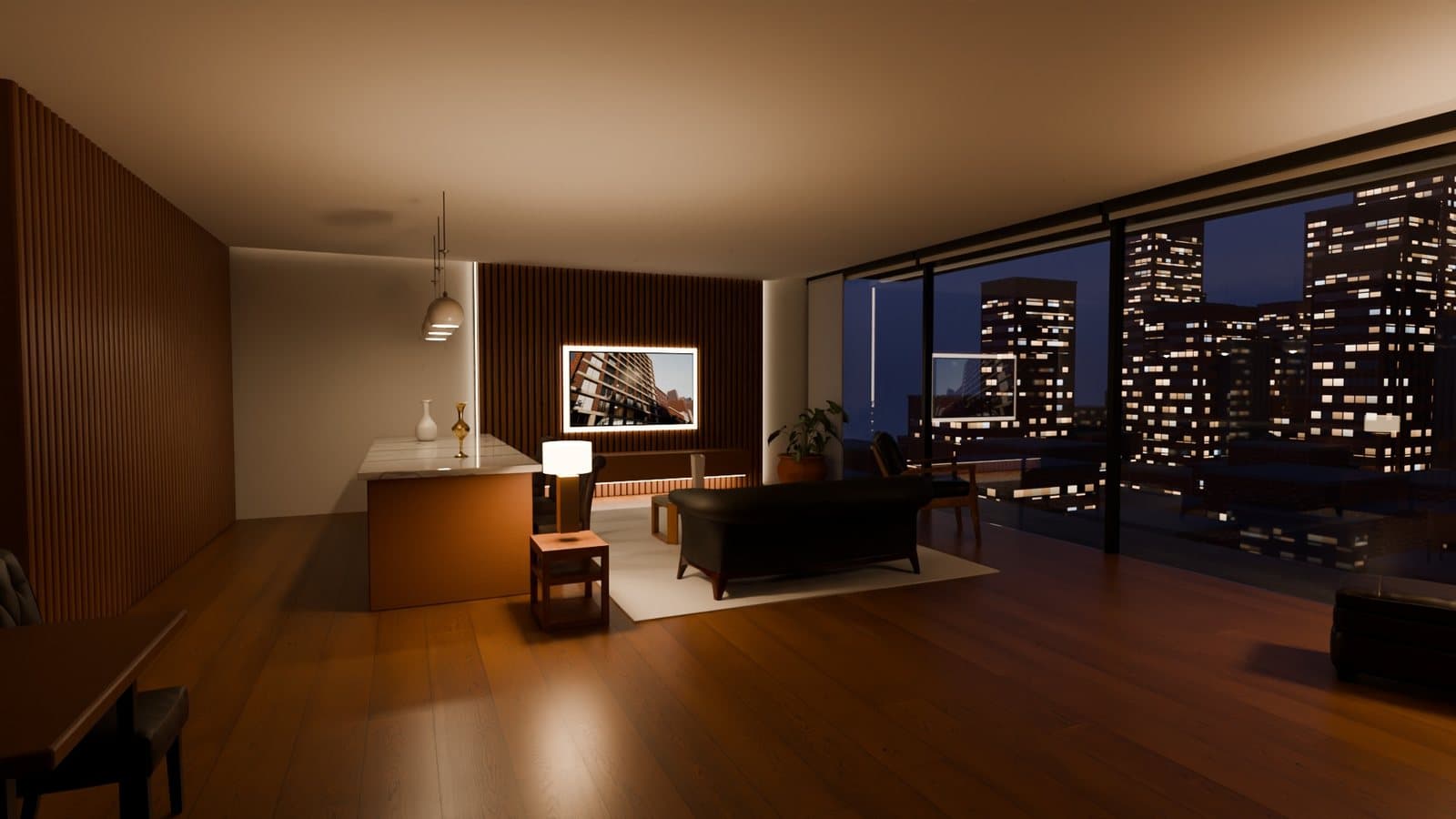 9 pm, blinds open, the city lit behind the glass.