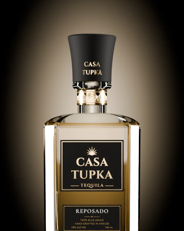 Casa Tupka reposado tequila bottle on a dark gradient