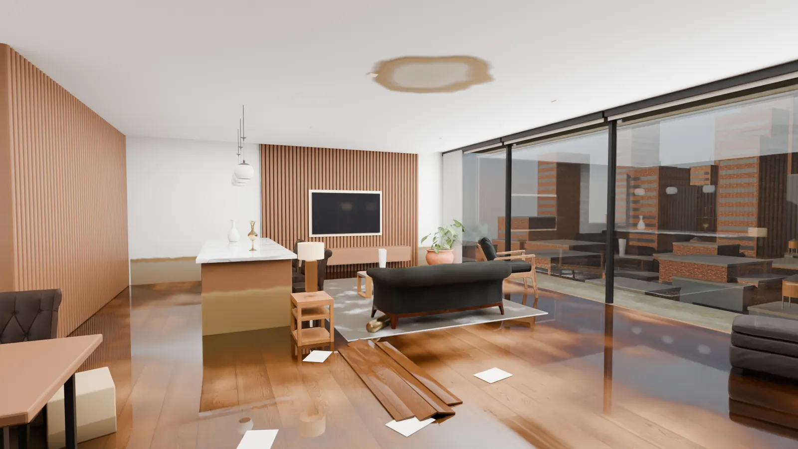 A living room after a burst pipe: standing water on the oak floor, a brown tide line on the walls, buckled boards and a sagging, stained ceiling