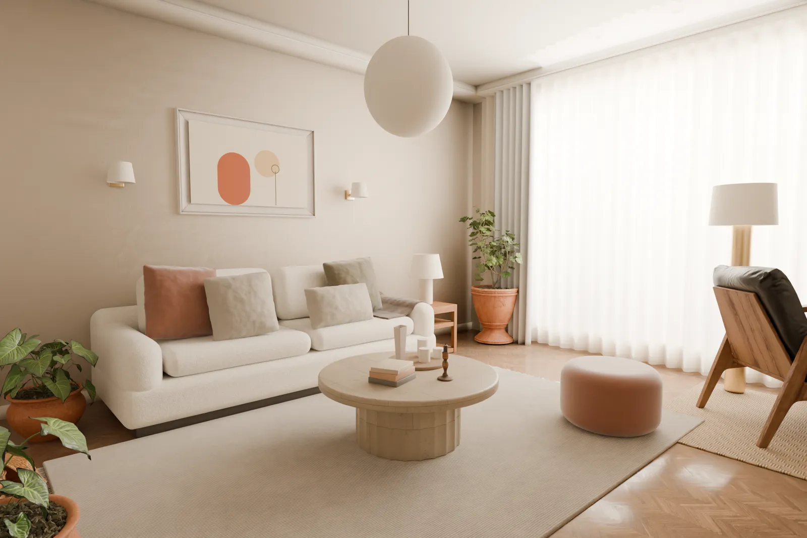 The same room in daylight, through linen sheers